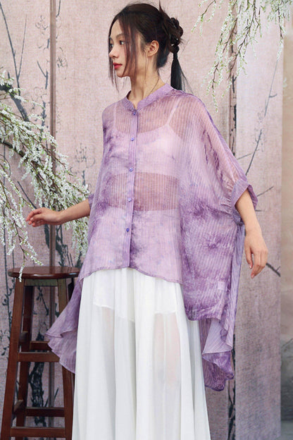 Lila Farbverlauf-Strickjacke mit transparentem Rücken und langem Chiffonhemd-Design