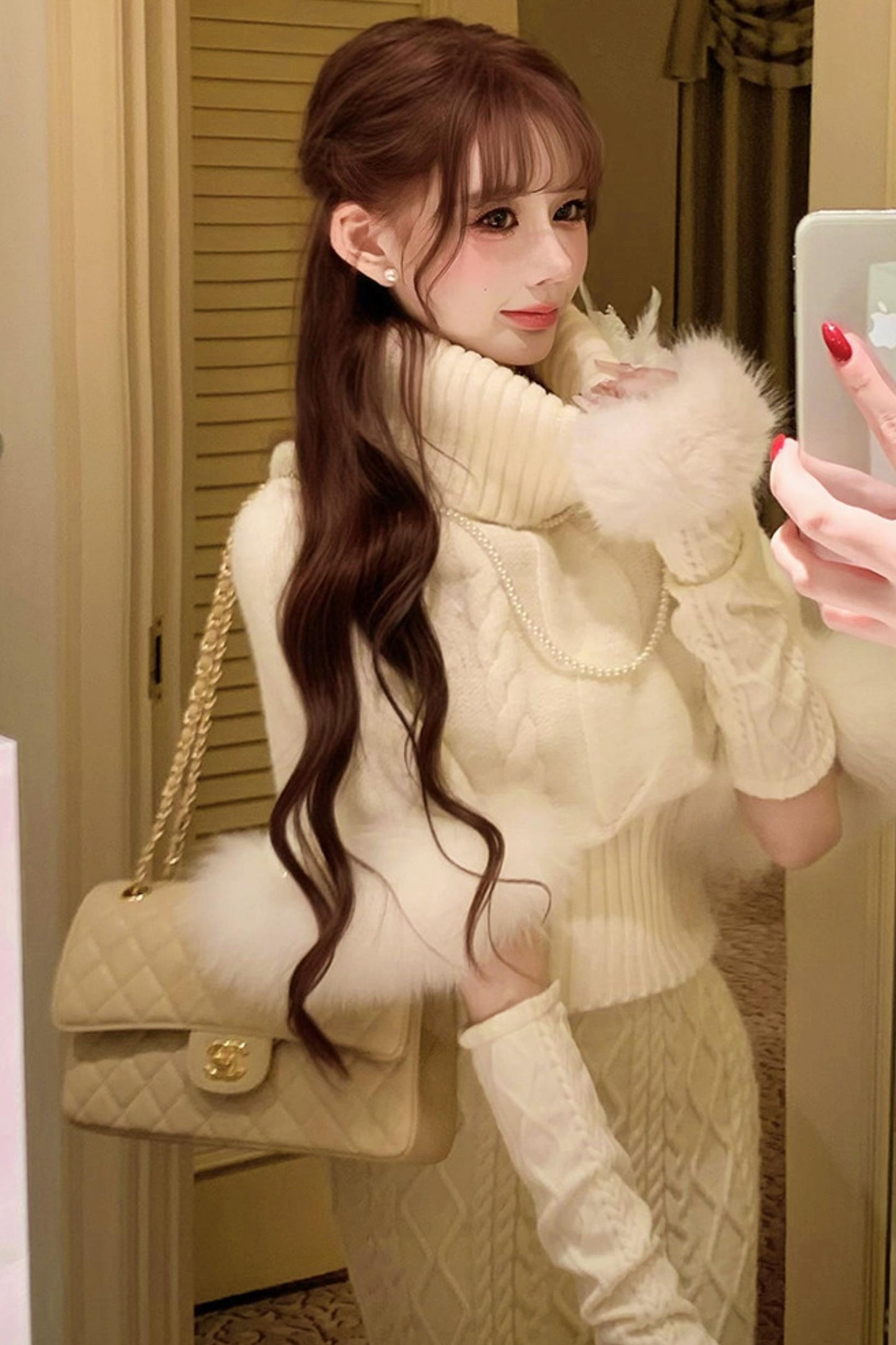 Fox Fur Trim Cape Sweater + Twisted Knit Bodycon Skirt