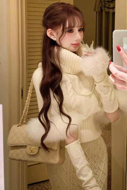 Fox Fur Trim Cape Sweater + Twisted Knit Bodycon Skirt