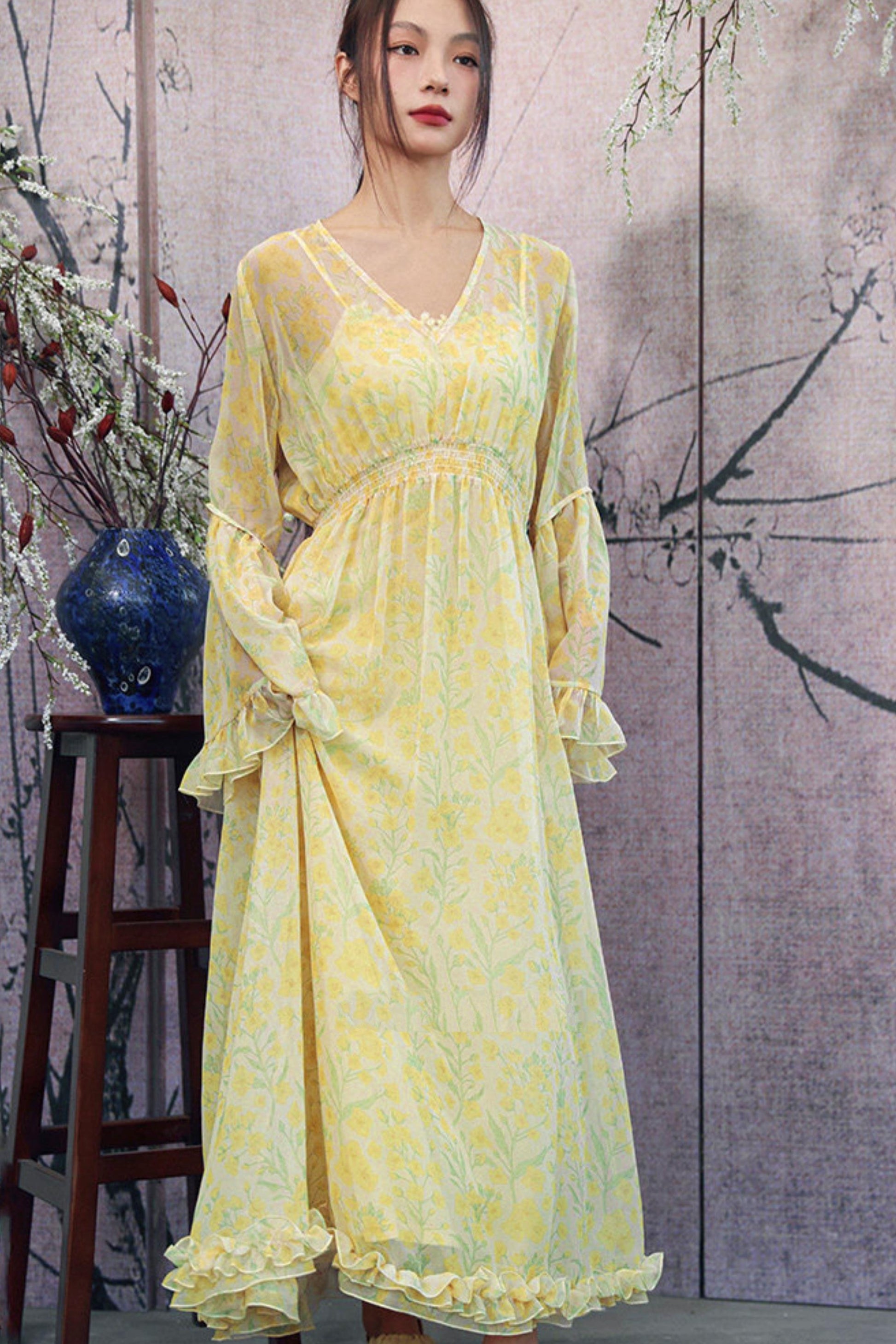 Yellow Floral Chiffon Dress – Belchic