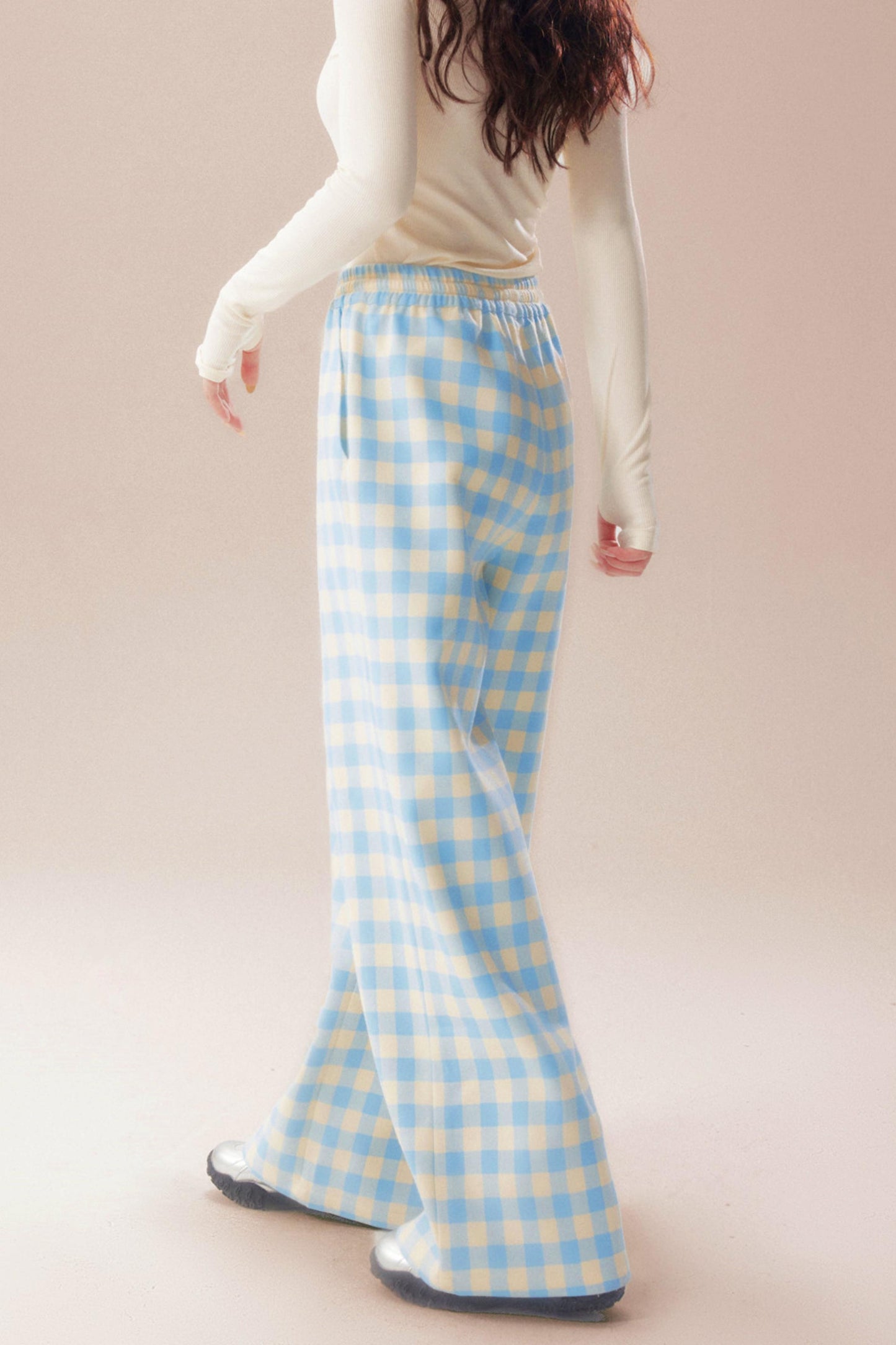 ブループレイドストレートレッグパンツ