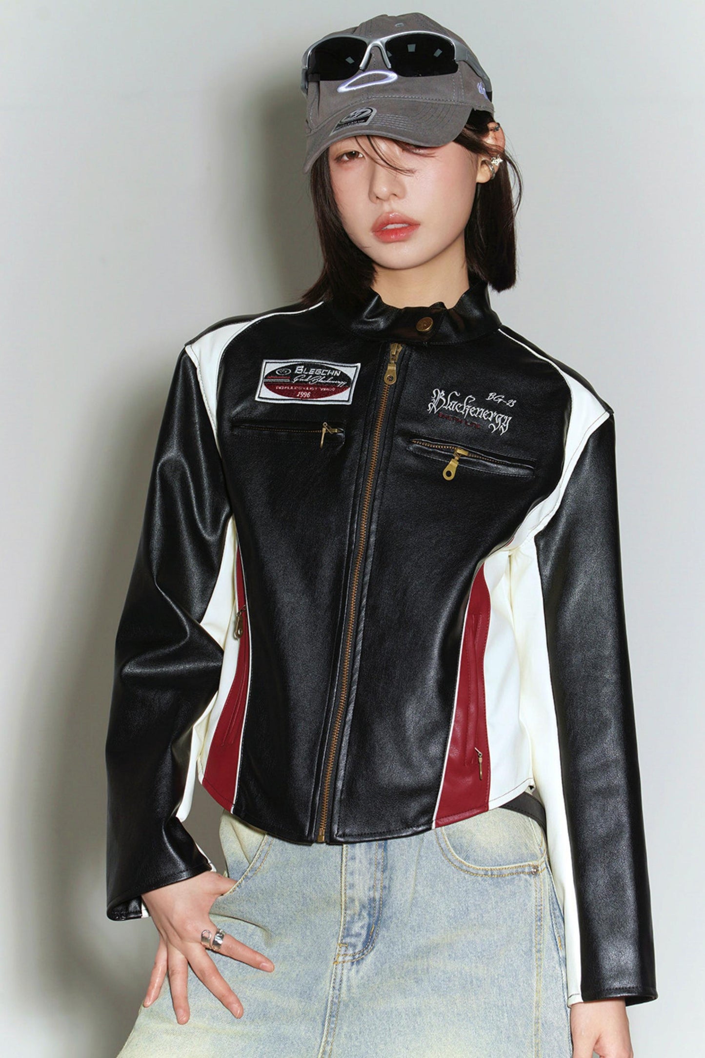 パッチワークカラーブロックレザージャケット