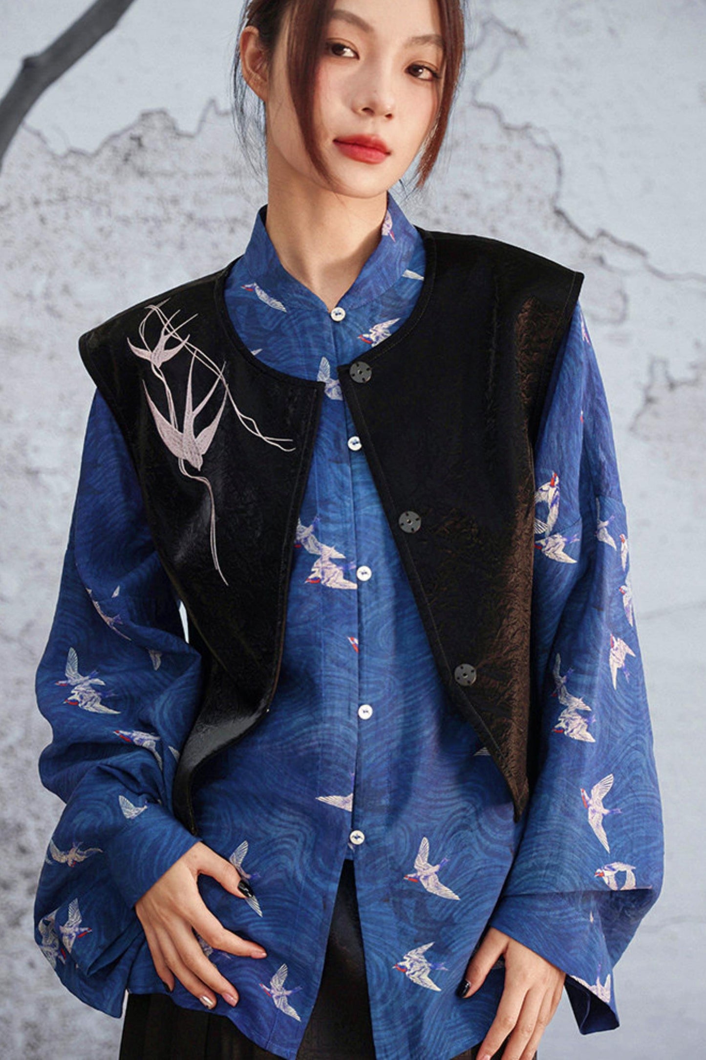 Dark Blue Retro Bird Pattern Stand Collar Shirt