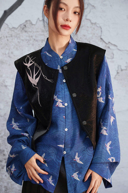 Dark Blue Retro Bird Pattern Stand Collar Shirt