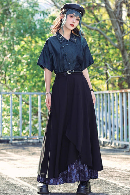 Embroidered Color Asymmetrical Chinese-Style Shirt