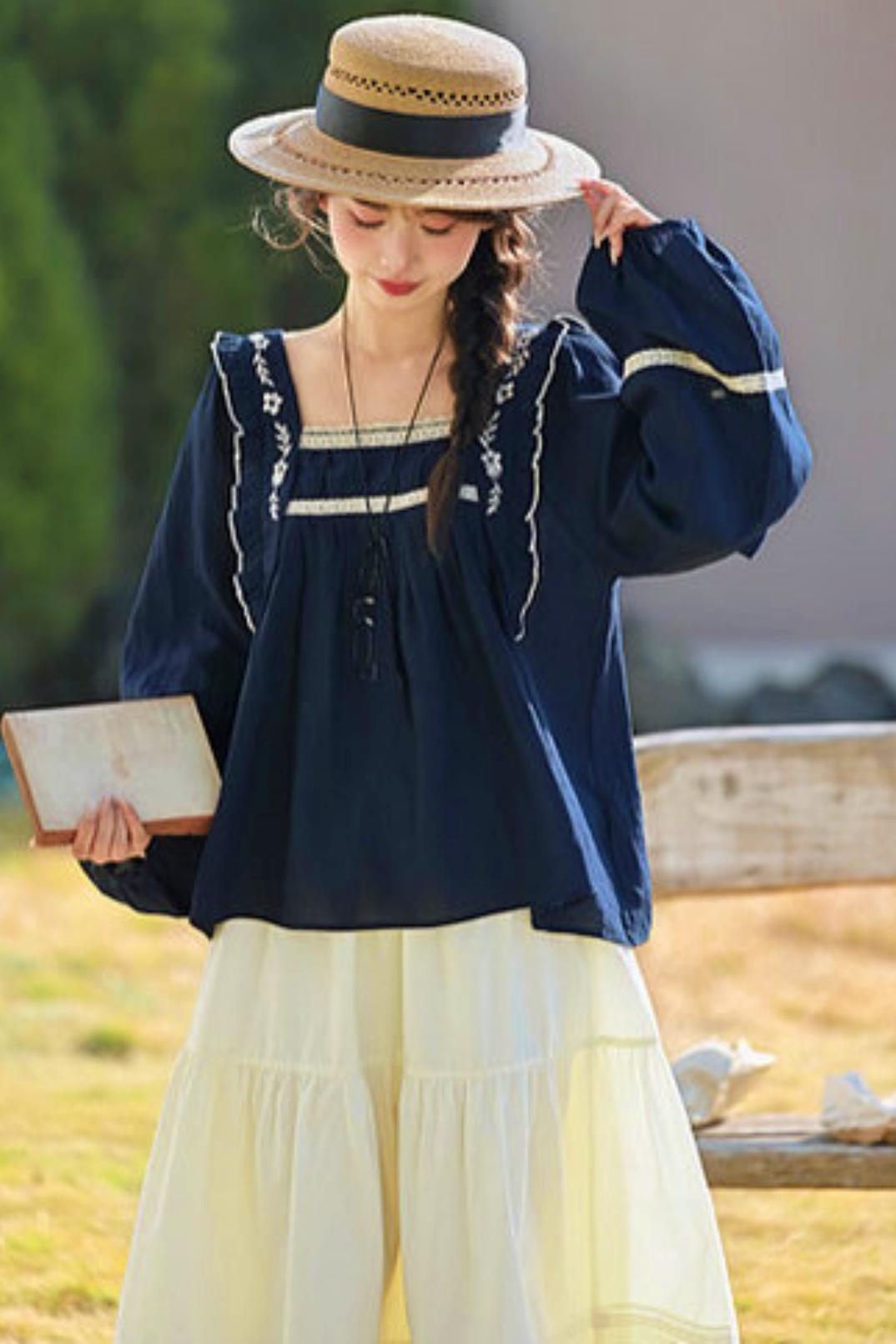 Lace Embroidered Square Collar Blouse