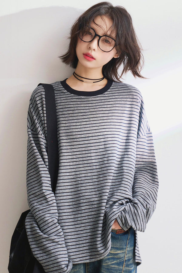 リラックスストライプクルーネックTシャツ