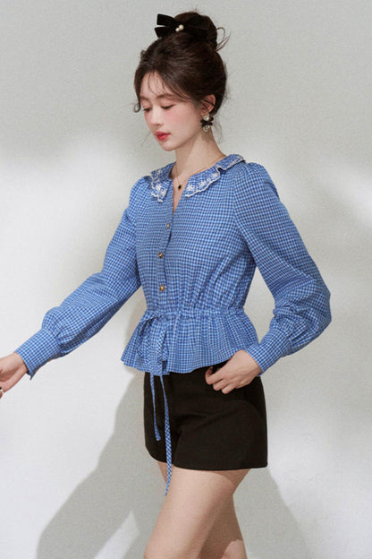 Elegant Plaid Doll Collar Blouse