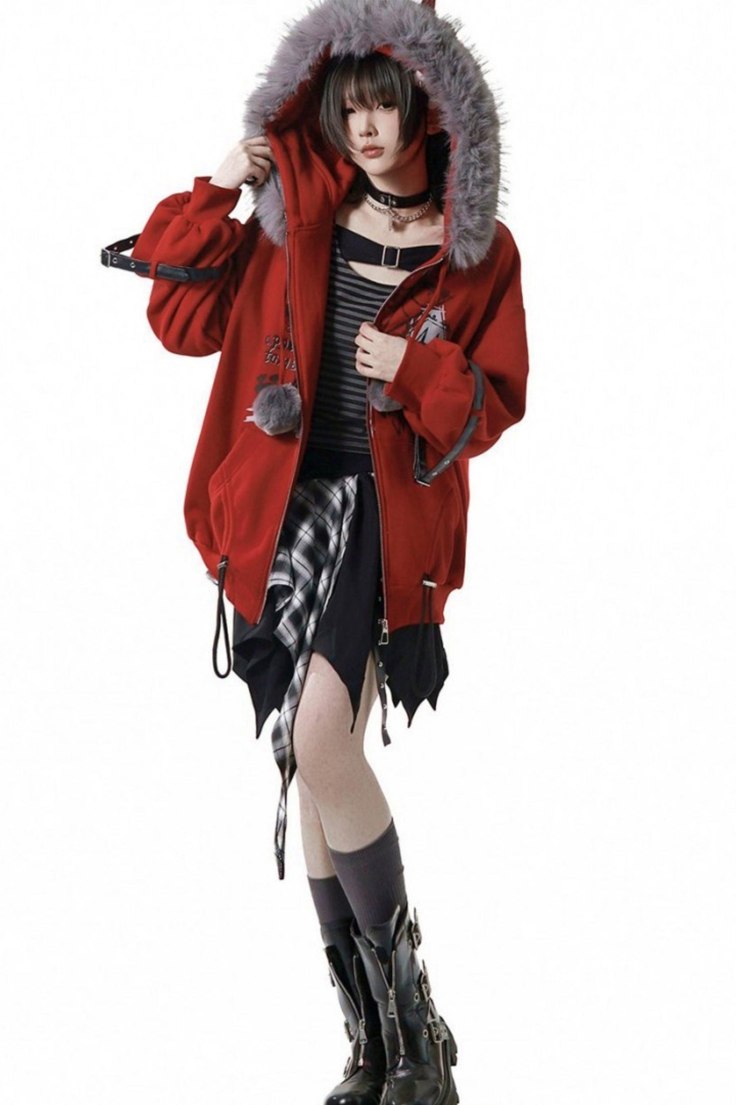 Red Furry Fleece Jacket + Top + Skirt + Accessories
