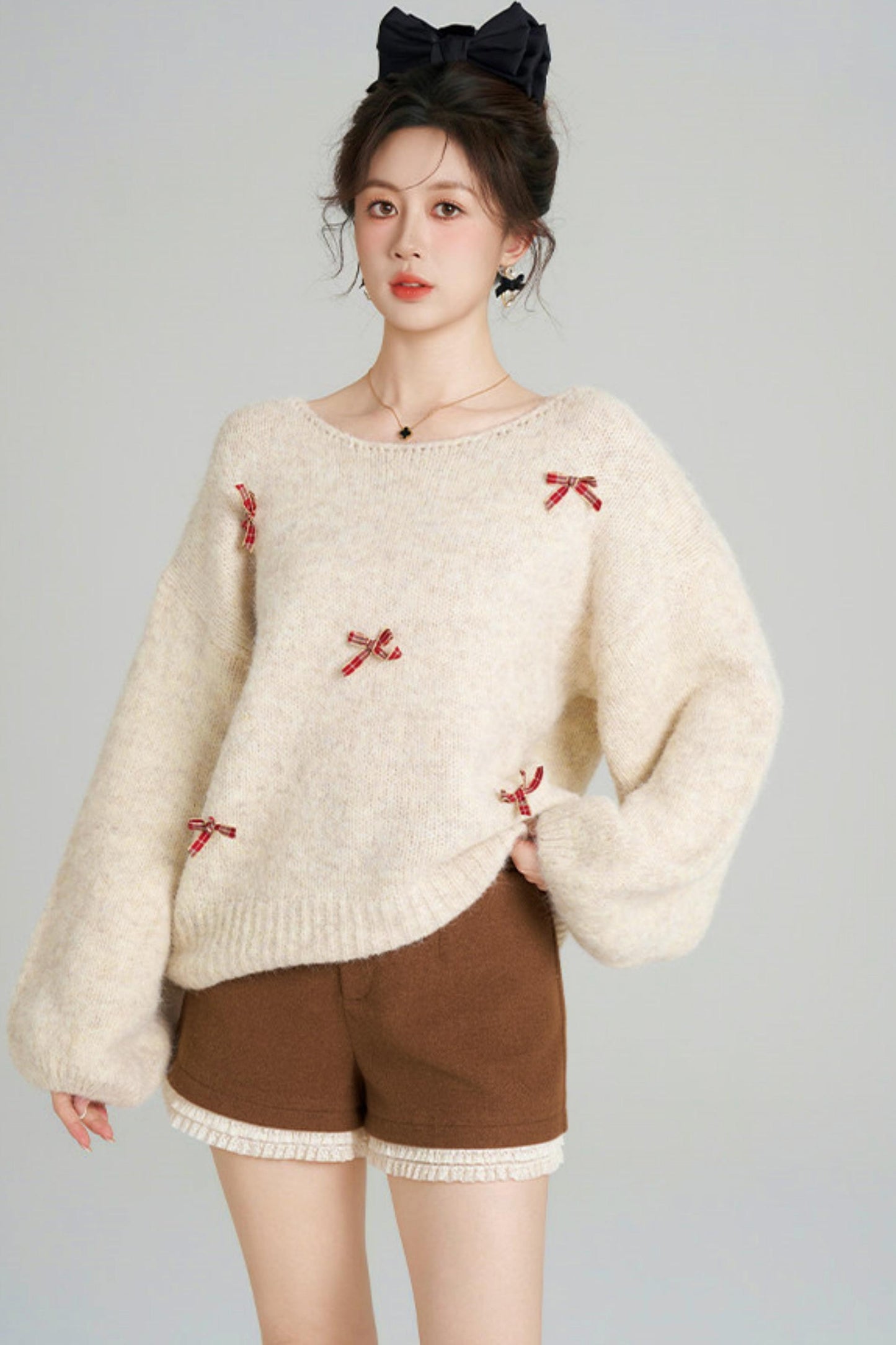 リボンフレンチニットセーター+ショートパンツ