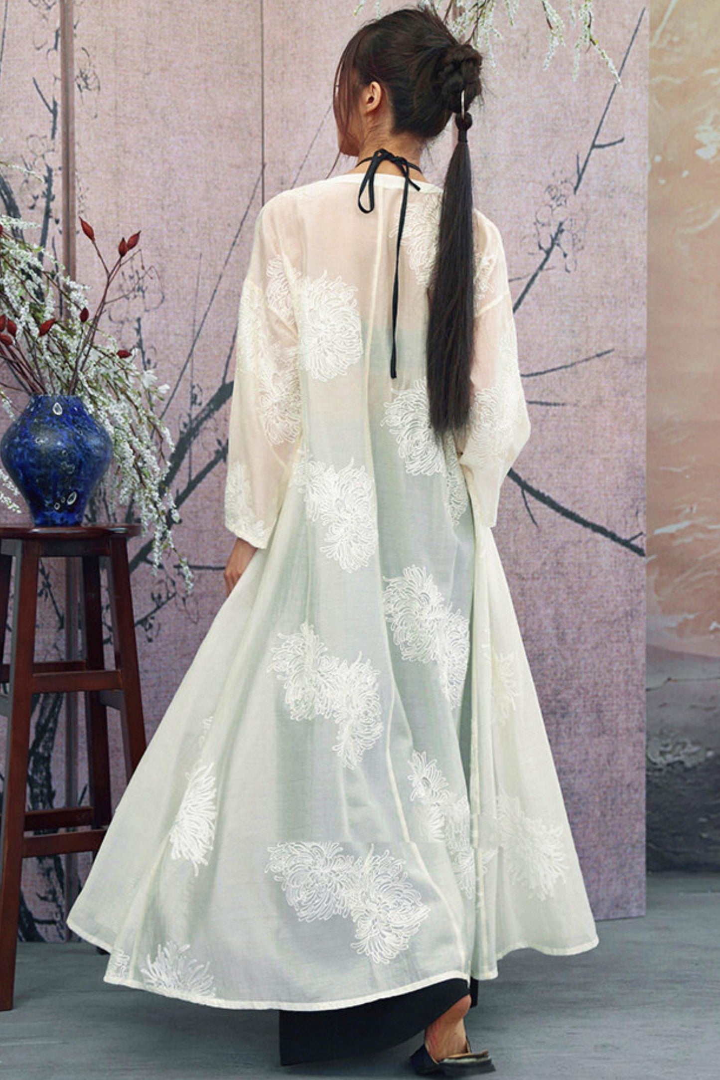 White Sheer Floral Embroidered Band-Collar Shirt Dress