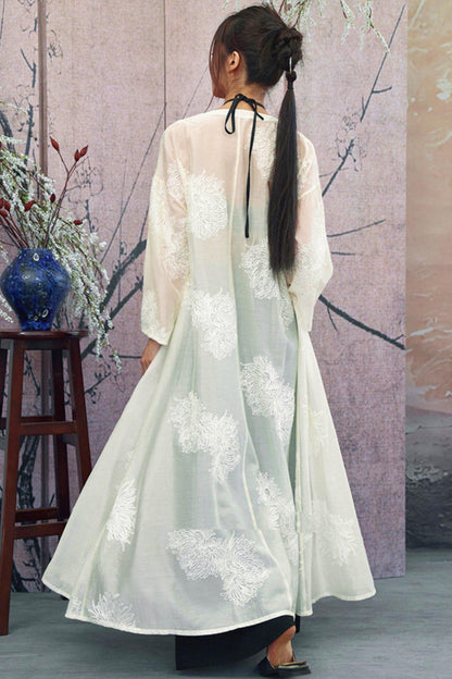 White Sheer Floral Embroidered Band-Collar Shirt Dress