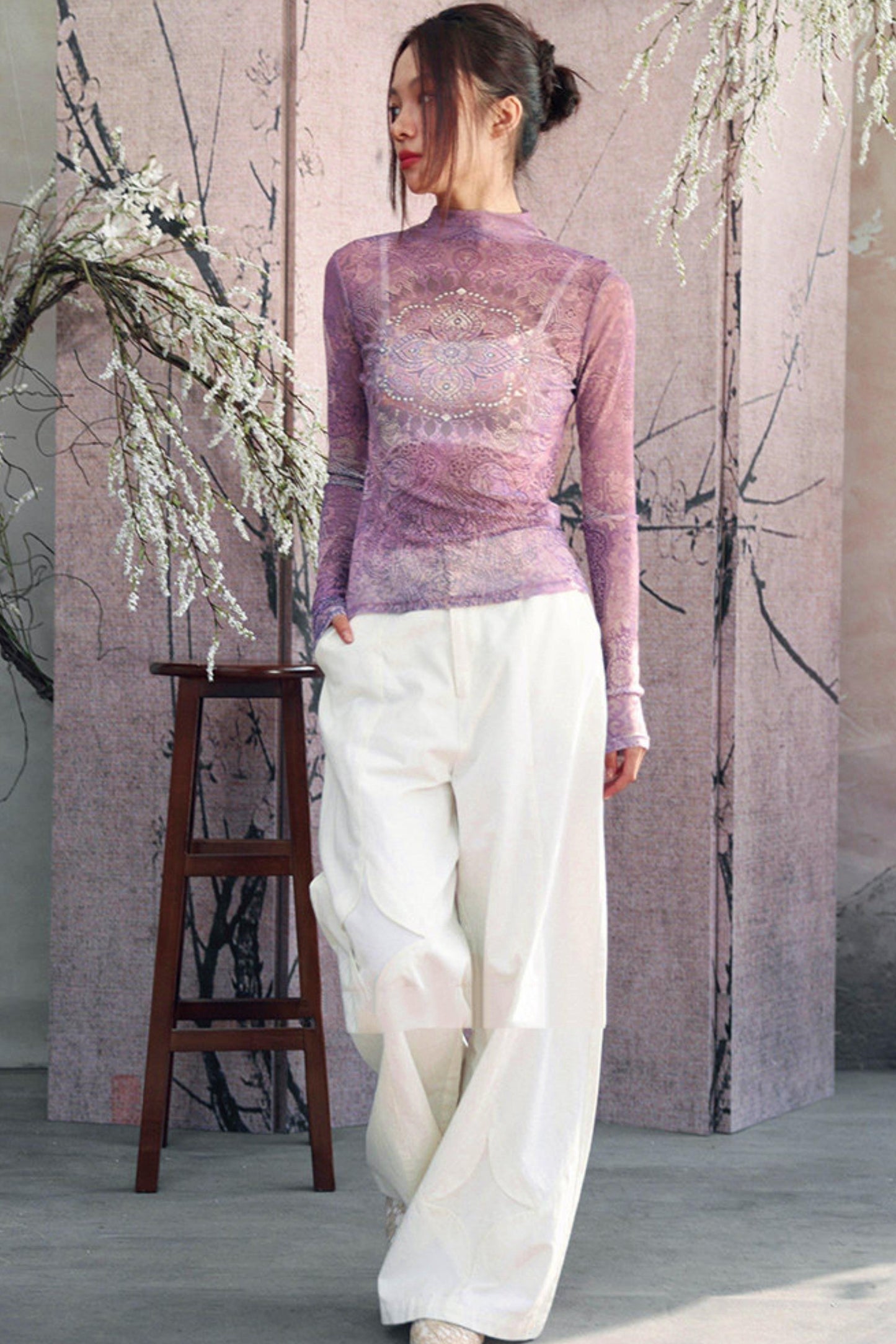 Elegant Purple Paisley Sheer Top