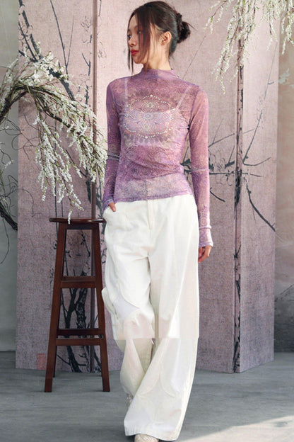 Elegant Purple Paisley Sheer Top
