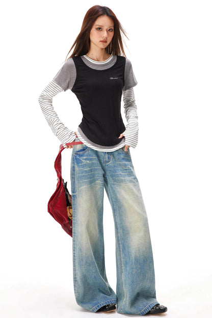 ストライプドパッチワークレイヤードトップス