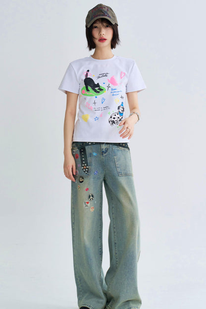 Retro Print Straight Leg Denim Pants