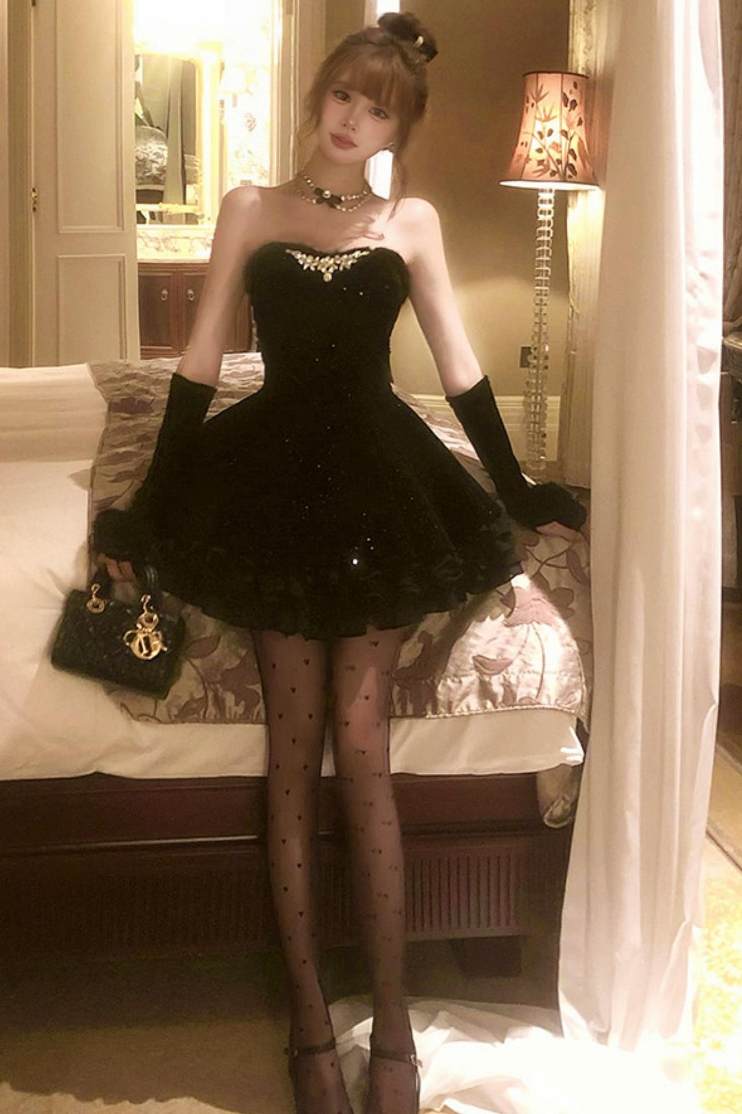 French off-the-shoulder dress + shawl + sleeves