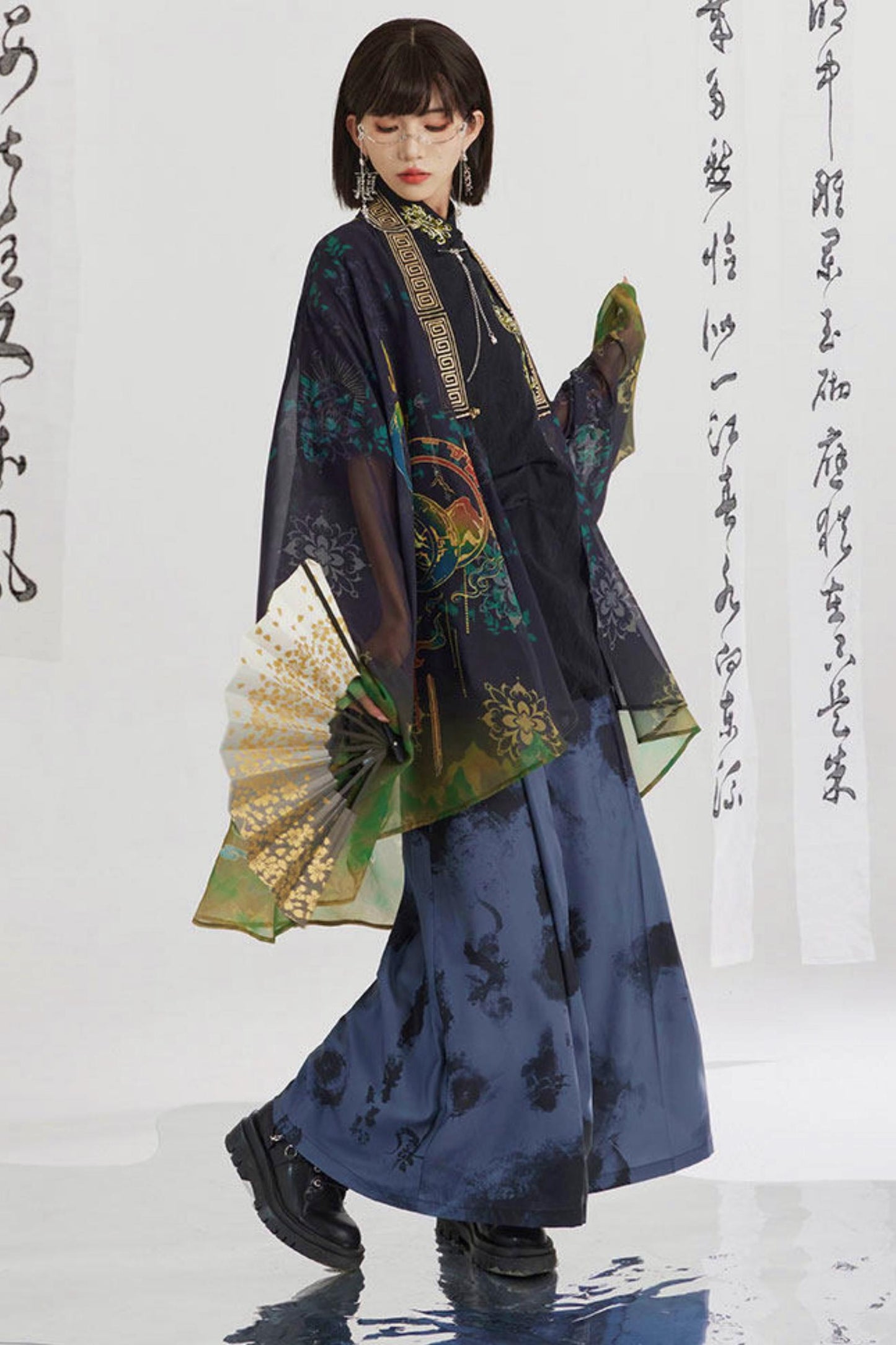 Black and Gold Oriental Ribbon Shirt + Chinese Wide-Leg Pants