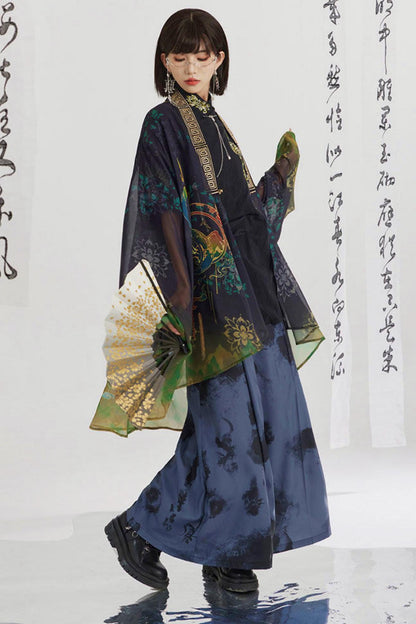 Black and Gold Oriental Ribbon Shirt + Chinese Wide-Leg Pants