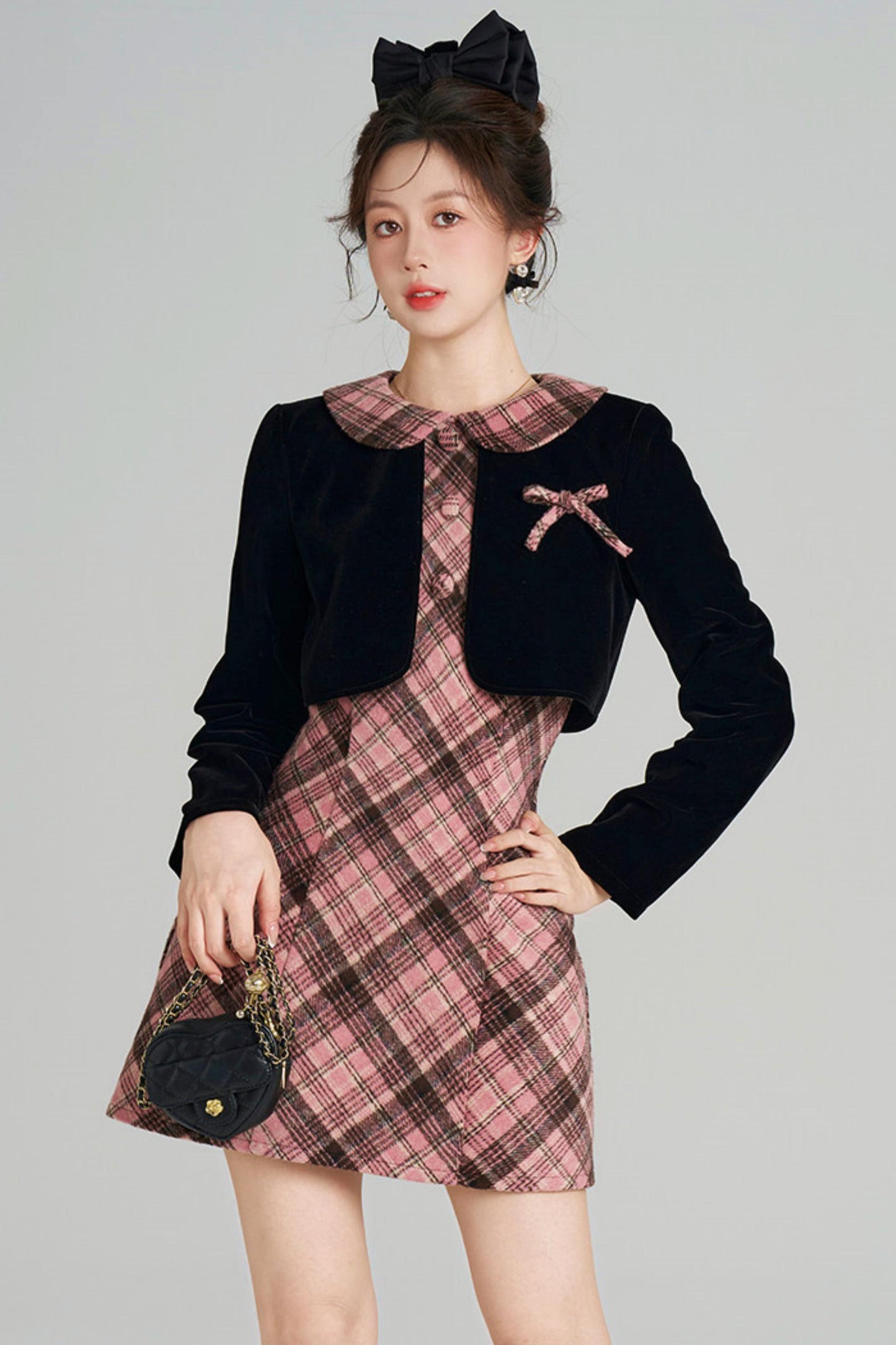 French Retro Plaid Doll Collar Dress