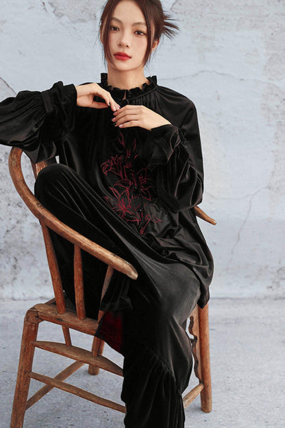 Black Velvet Lily Embroidered Blouse