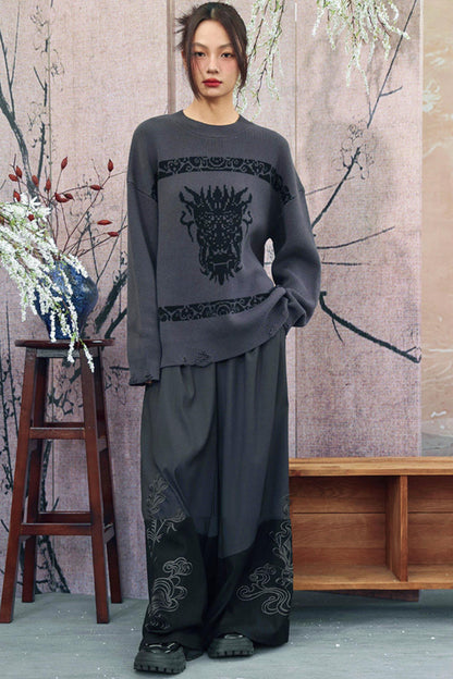 Gray x Black Embroidered High-Waist Wide-Leg Pants