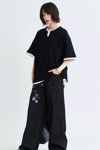Loose contrast crew neck layered top