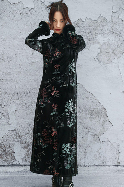 エンブロイダープラッシュチョンサムドレス