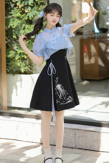 クラゲ刺繍チャイナドレス+シアートップス