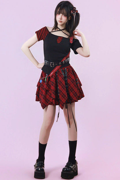 Heart Belt Off-Shoulder Punk Jirai Kei T-Shirt