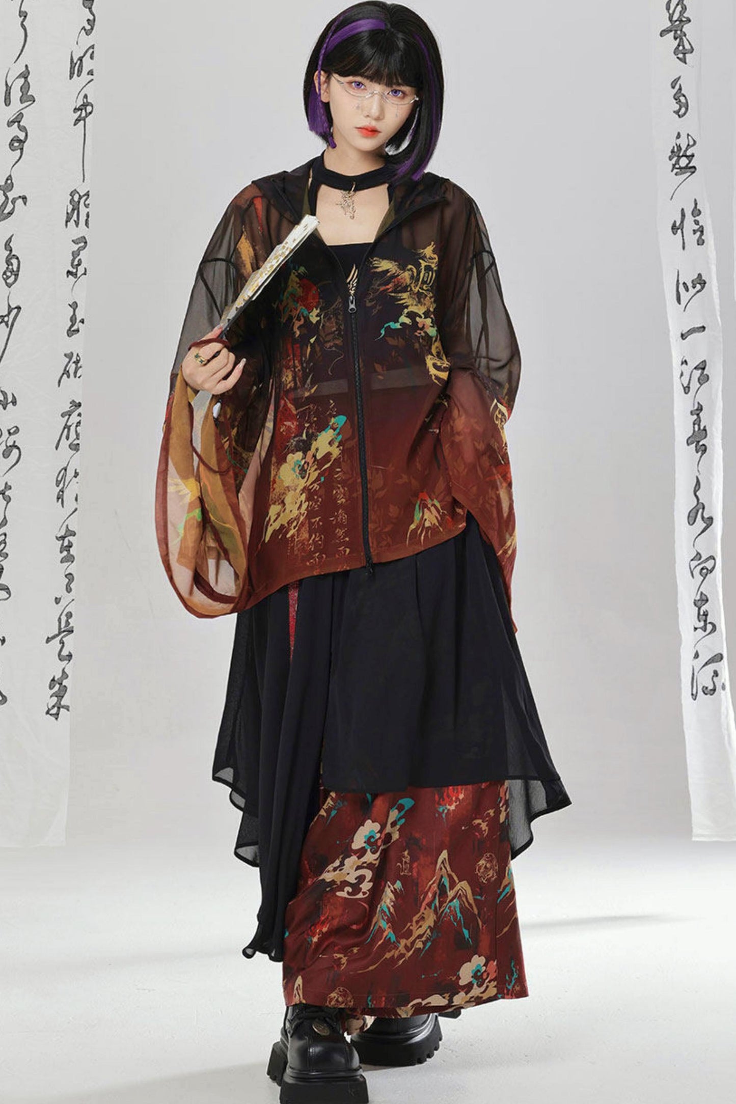 Gold Dragon Embroidered Choker Top (with Cups) + Chinese-Style Wide-Leg Pants
