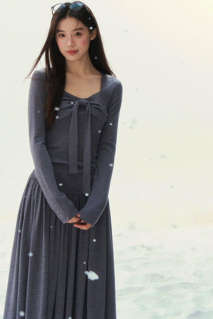Gray Knit Waist Shaping French Dress
