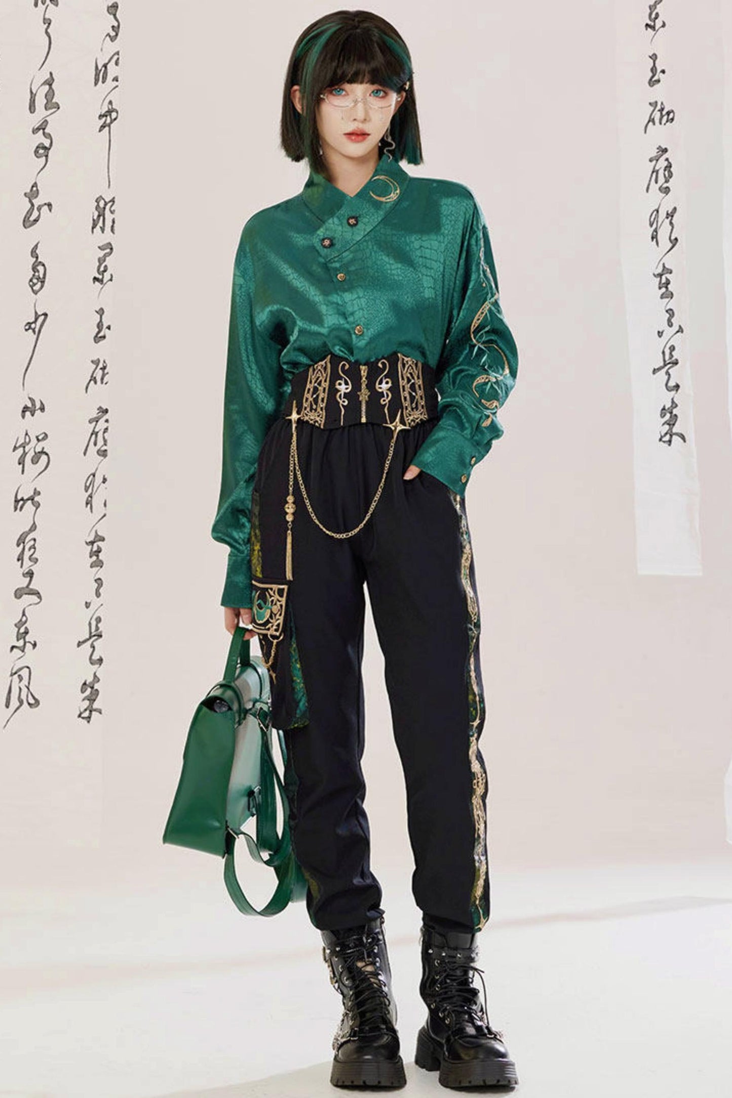 Jade Moon Dragon Embroidered Chinese Shirt + Moon Pocket Pants