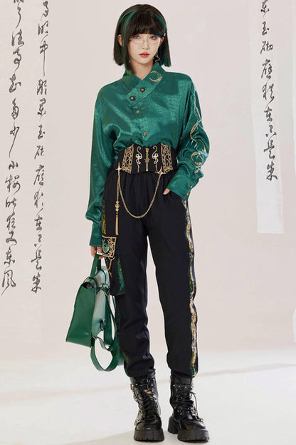 Jade Moon Dragon Embroidered Chinese Shirt + Moon Pocket Pants