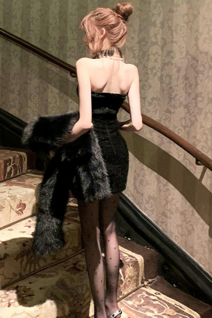 French mode tight dress + fur coat