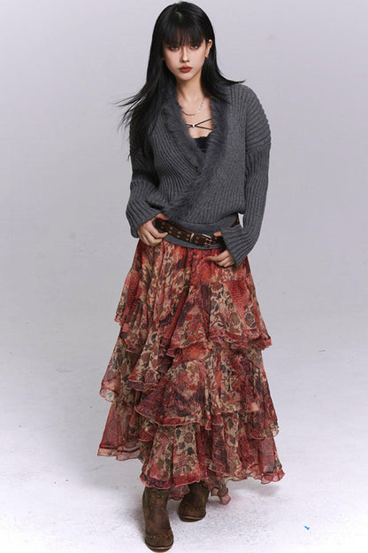 Red Floral Tiered Skirt