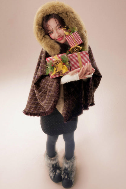 チェックファーカラーフーデッドケープ