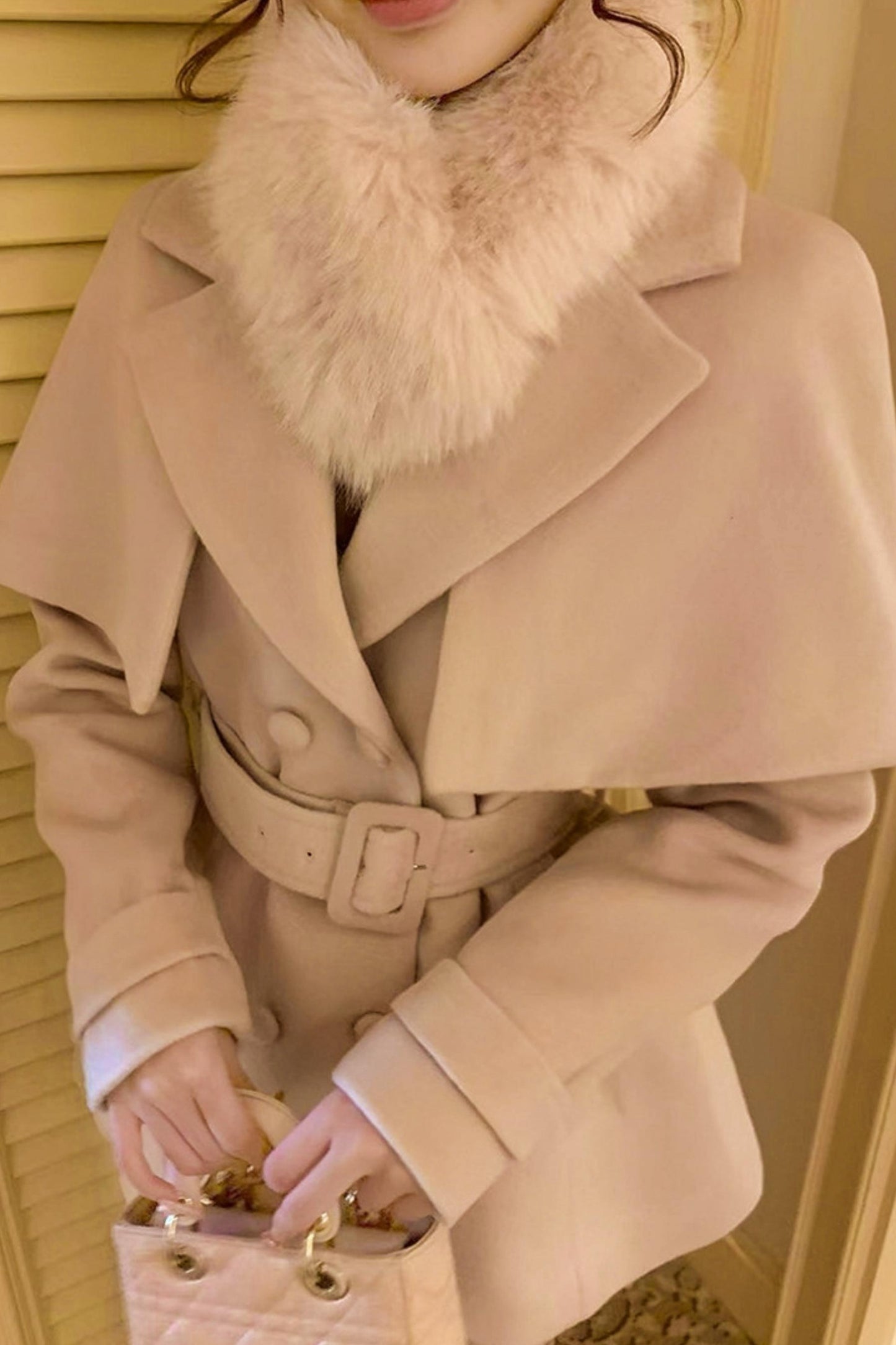 Celebrity Fur Collar Cape Coat