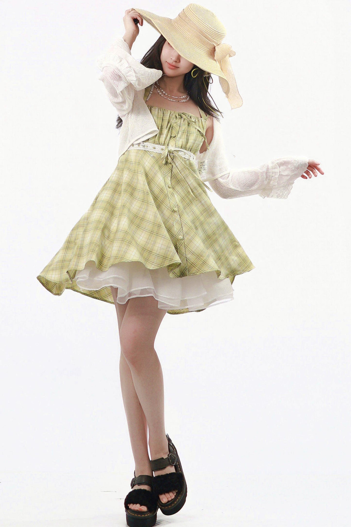 グリーンチェックカーディガン+パンツ＋トップス