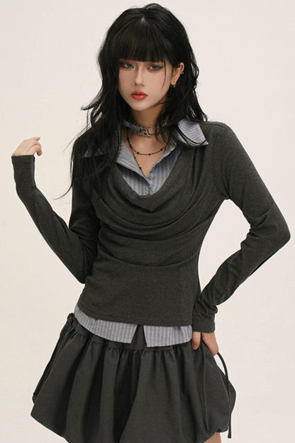 ドレープカウルネックレイヤードシャツ