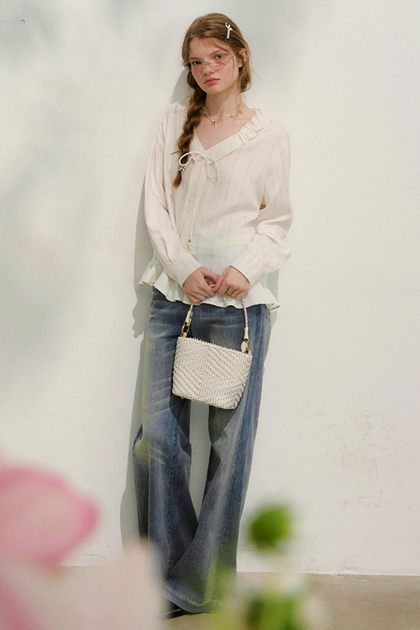 ストライプドレーススリーブブラウス