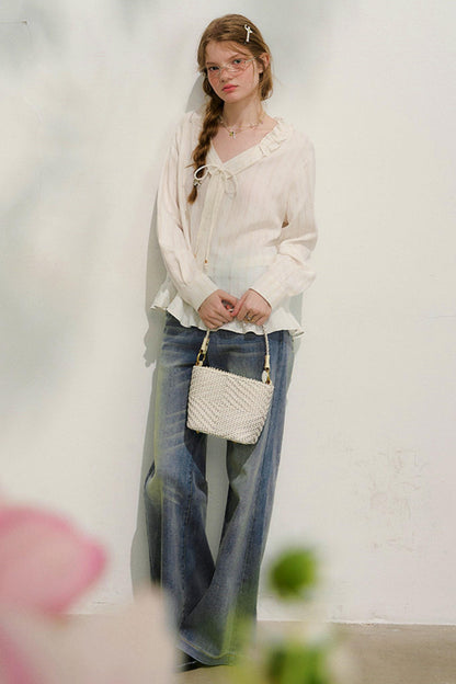 ストライプドレーススリーブブラウス