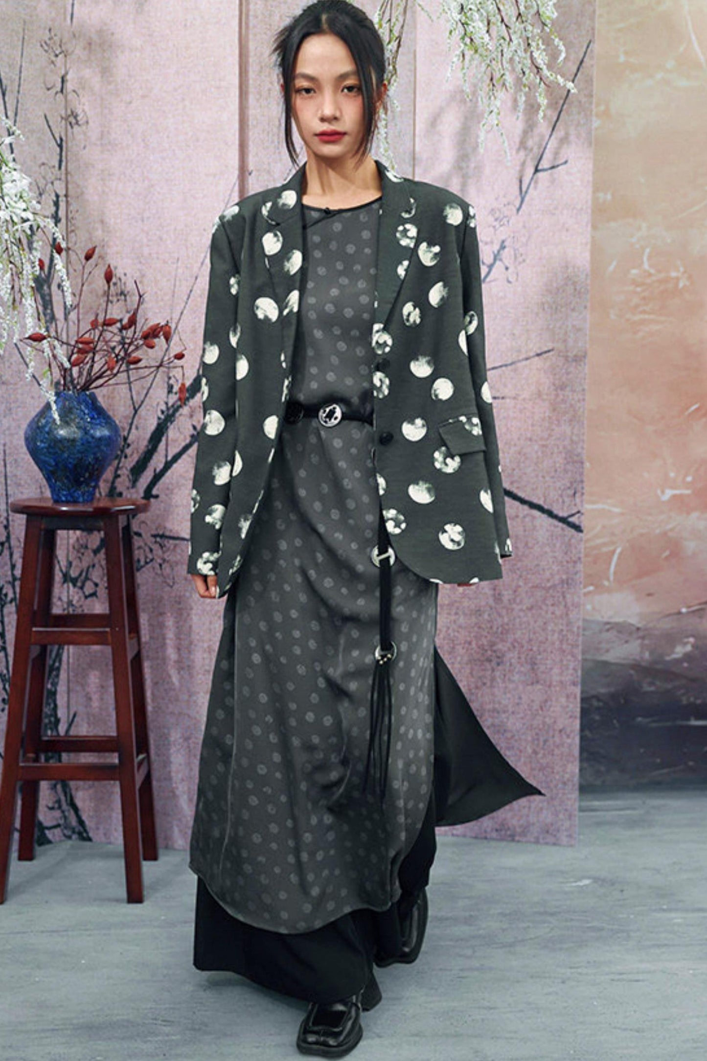 Dot Print Chinese Slit Long Dress