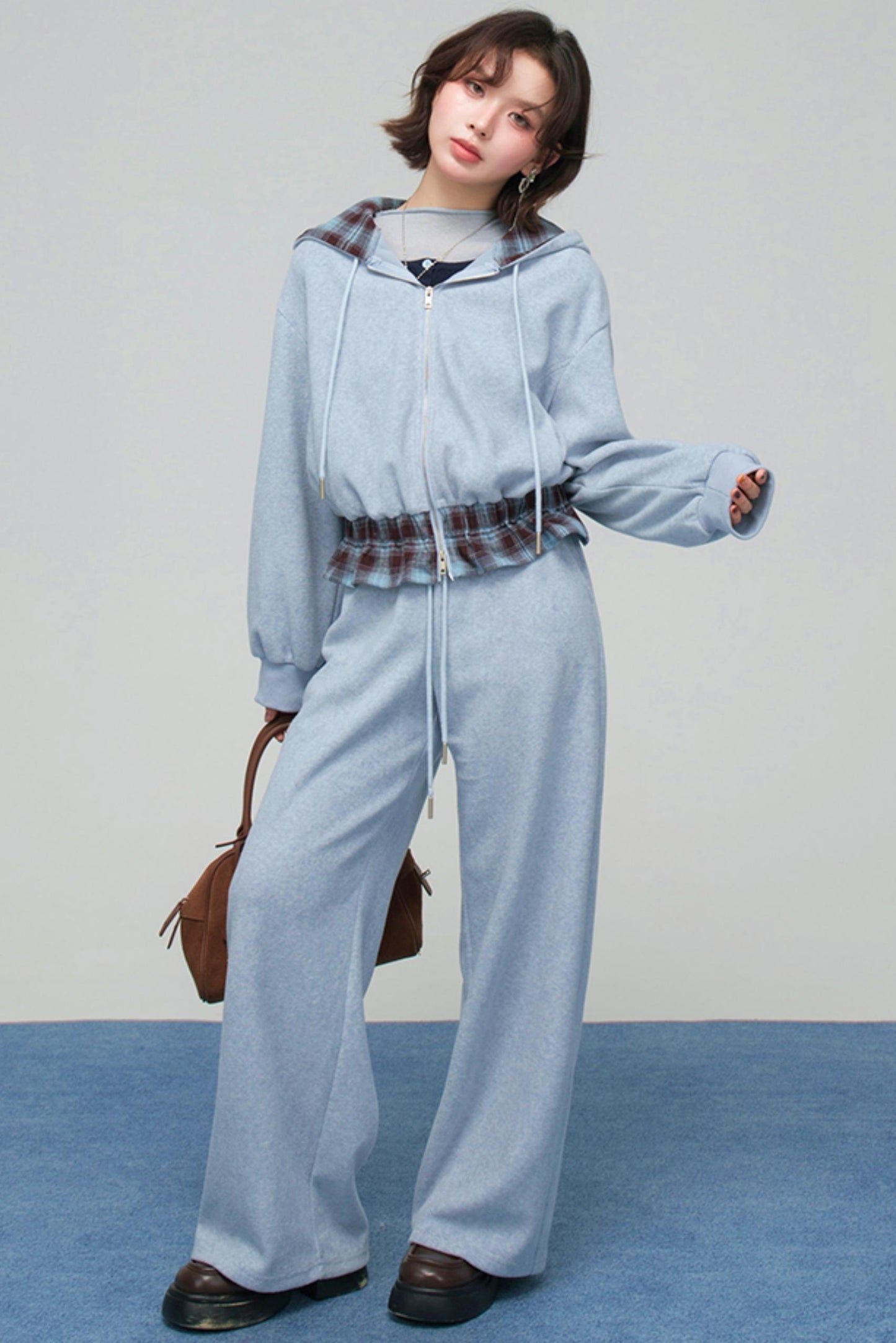 パッチワークプラッドフーデッドジャケットセットアップ