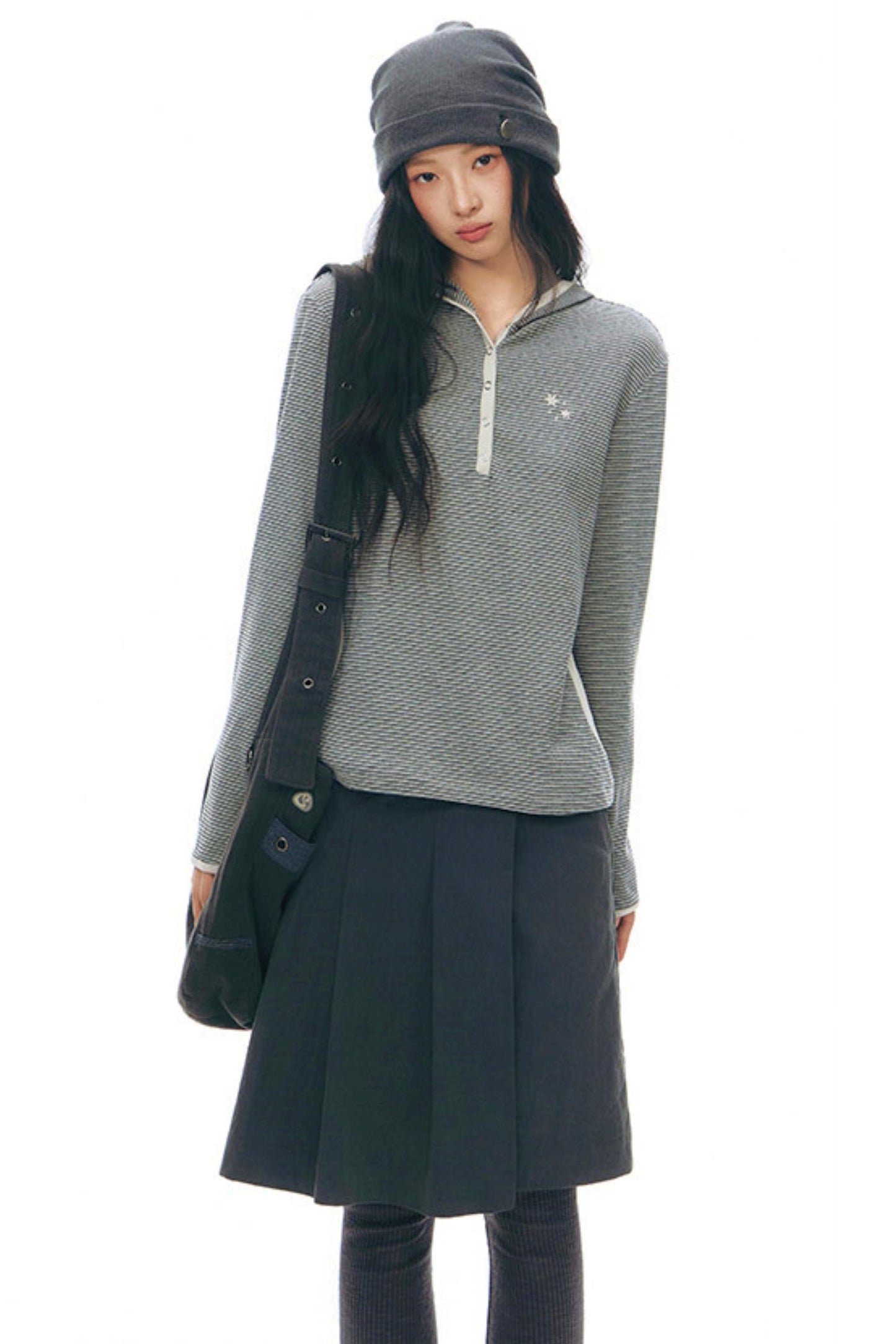 ストライプドフーデッドニットトップス