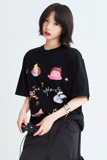 Casual Cartoon Illustrated Tee Shirt