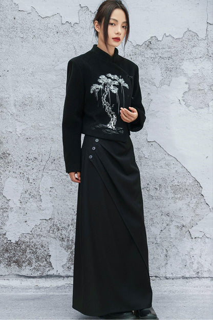 ブラックエンブロイダードウールンコート