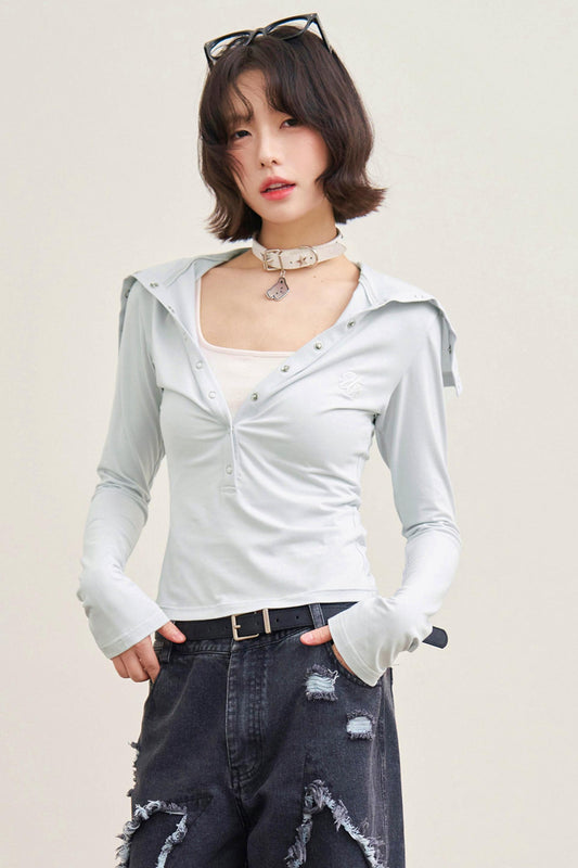 폴디드 칼라 컷아웃넥 탑