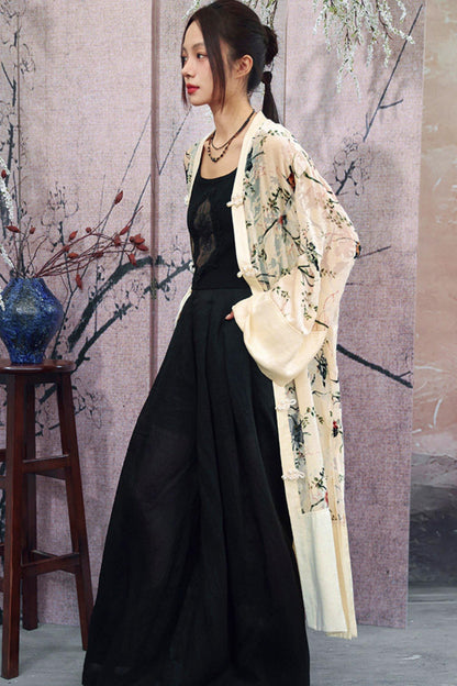 Floral Print Sheer Satin Chinese-Style Long Cardigan