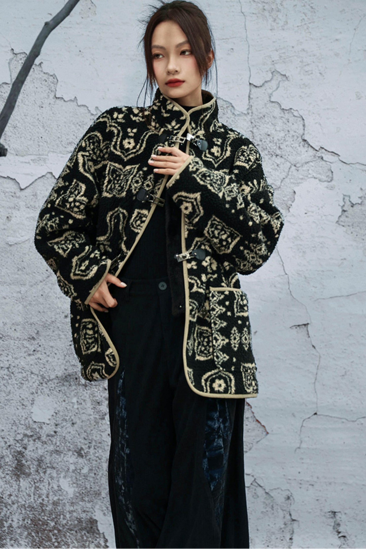 モードジャカードスタンドアップカラーコート